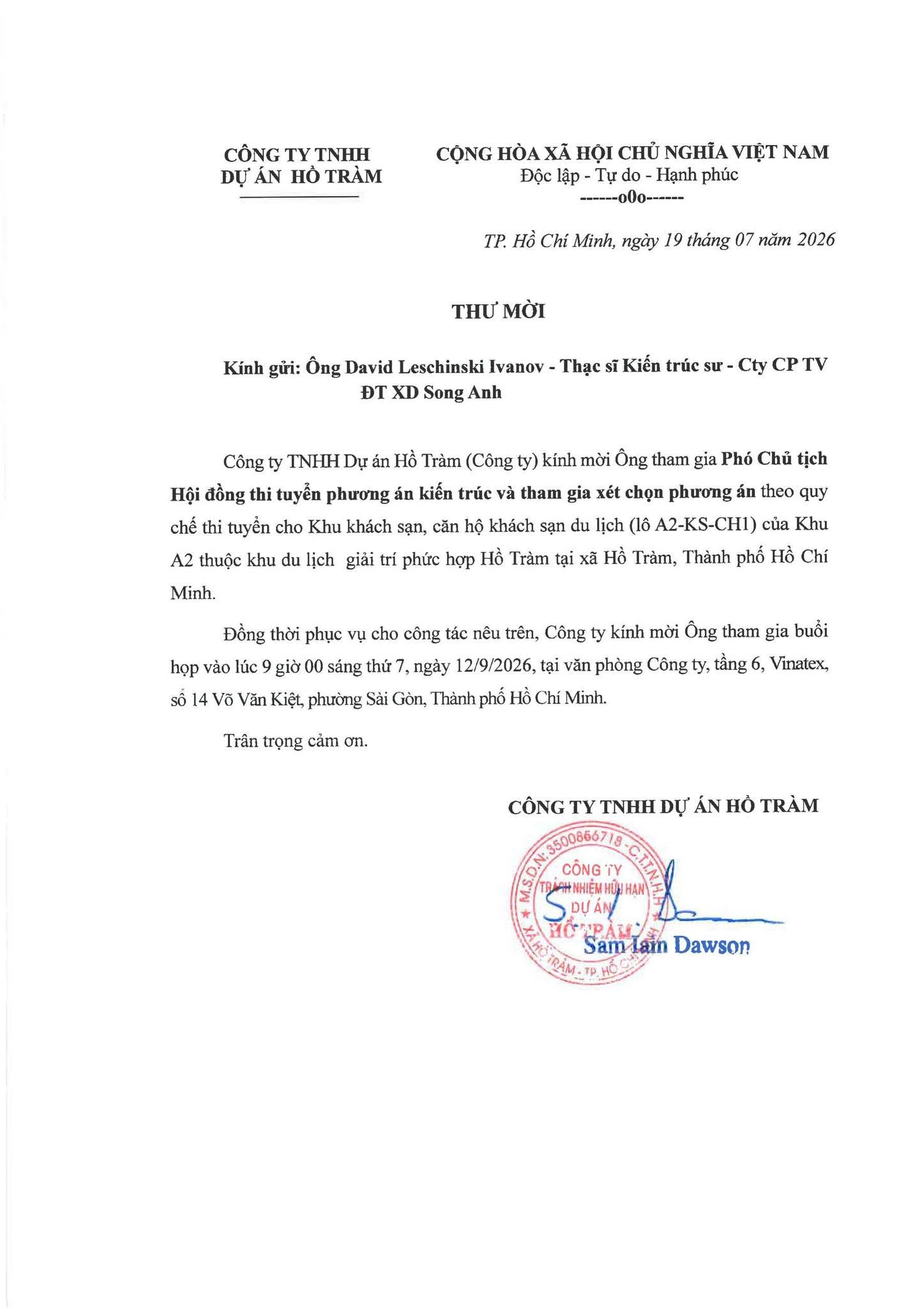 Thư mời Giám đốc Thiết kế Song Anh tham gia Hội đồng