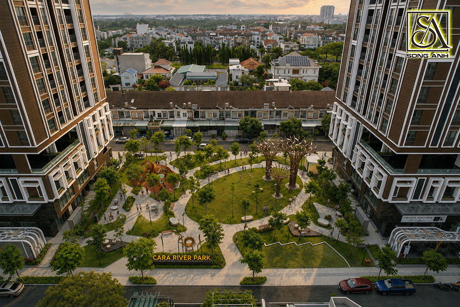 Phối cảnh thiết kế cảnh quan trên mái podium Cara River Park